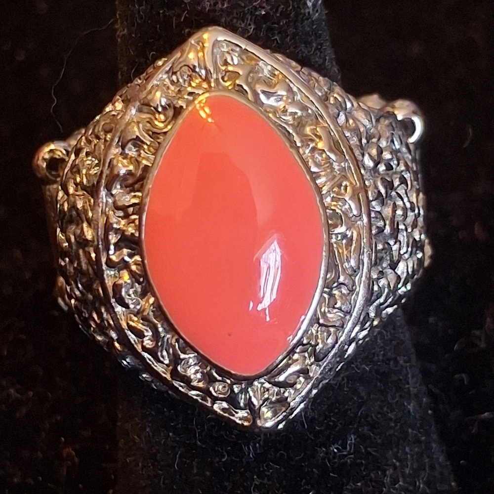 Paparazzi Silvertone Statement Ring with Coral Colored Marquise Stone